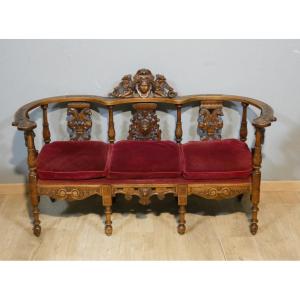 Neo-renaissance Walnut Bench With Carved Phoenixes, Circa 1880