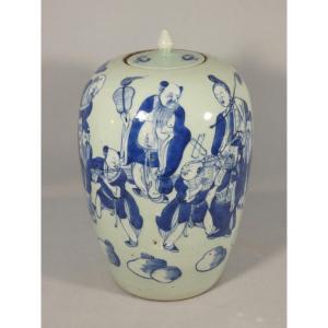 China 19th Century, Celadon Covered Jar And Blue Ceramic Figures