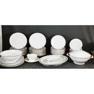 Limoges Porcelain Dinner Service, White And Gold, Relief Decoration, Borée Tharaud Model