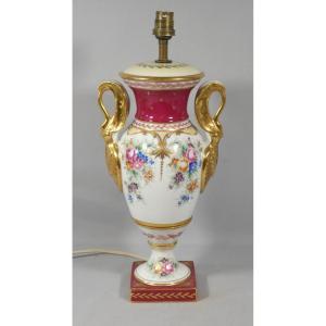 Empire Style Lamp With Swans And Bouquet Of Flowers, Limoges Porcelain