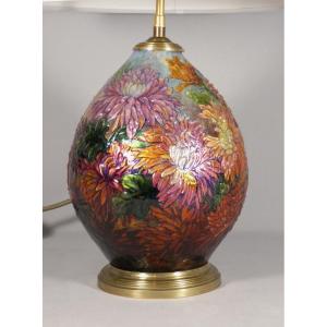 Camille Fauré Limoges, Enamel Lamp Base, Chrysanthemum Decoration, Circa 1930-50