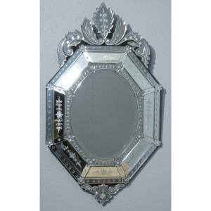 Venetian Mirror With Engraved Glass Panels, Octagonal Shape, Circa 1950
