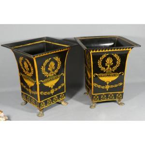 Pair Of Painted Sheet Metal Trumpet Vases In The Directoire Style, Early 20th Century