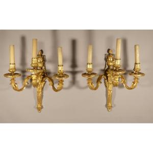 Pair Of Wall Sconces With Rams, Louis XVI Period, Gilt Bronze, 18th Century