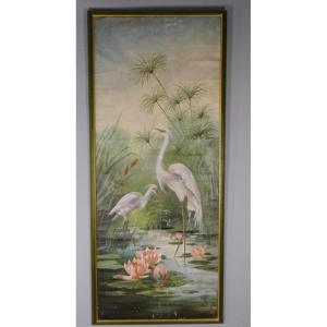 Naturalist Painting With Egrets, Papyrus And Water Lilies, Oil On Canvas Mounted On Board, Circa 1900