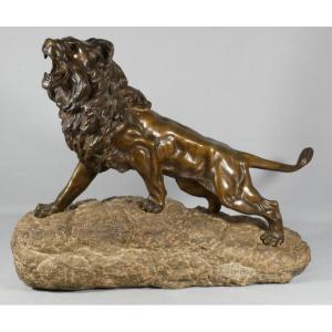 Roaring Lion, Animal Sculpture In Bronze And Pyrenees Marble, By James Andrey