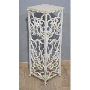 Wrought Iron Column, Painted White, With A Wooden Top, Early 20th Century