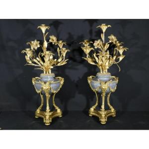 Pair Of Small Cassolettes/flower Vases Mounted As Candelabras With Lilies And Rams, 19th Century