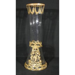 Glass And Gilt Bronze Vase, Louis XVI Style Decoration With Cherub, Circa 1900
