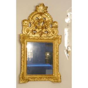 Louis XIV Period Mirror With A Carved And Gilded Wooden Pediment, 18th Century