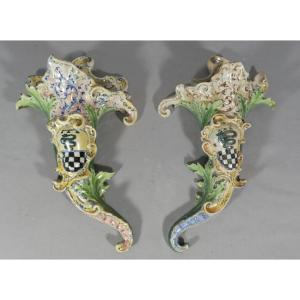 Pair Of Cornucopia-shaped Earthenware Flower Vases, Italy, Late 19th Century