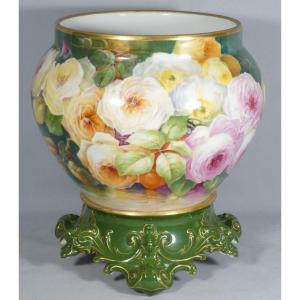 The Roses, A Limoges Porcelain Cachepot Painted By Desgropes And White By Tressmanes & Vogt