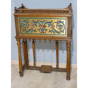 Tall Planter On A Stand, Made Of Walnut And Mosaic, Late 19th Century
