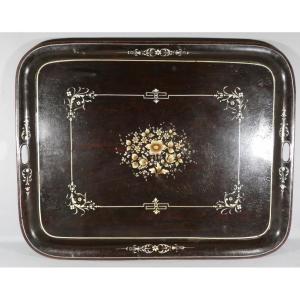 Large (81 Cm) Napoleon III Tray In Painted Sheet Metal, Rosewood And Gilt Finish, 19th Century