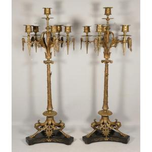 Pair Of Napoleon III Bronze And Marble Candelabra In The Style Of Barbedienne, 19th Century