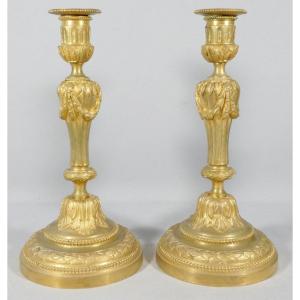 Pair Of Louis XVI Style Gilt Bronze Candlesticks, 18th Century