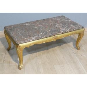 Louis XV Style Coffee Table In Gilded Wood And Marble, Circa 1960
