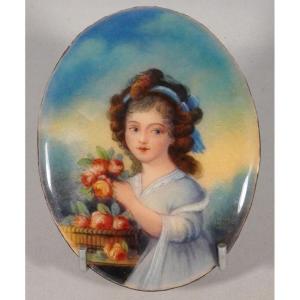 Camille Fauré Limoges, Enamel Medallion On Copper, Young Woman With Roses