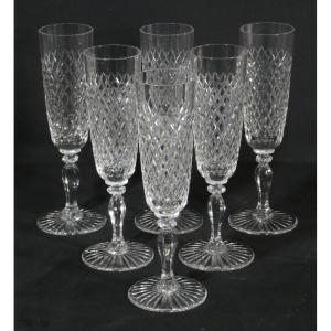 Saint Louis Crystal, Tacite Model, 6 Cut Crystal Champagne Flutes