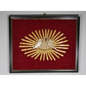 Religious Embroidery With A Pelican Mounted In A Frame, 19th Century