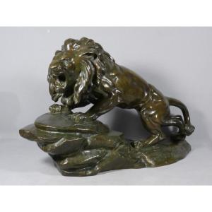 The Lion, A Large Bronze Animal Sculpture Signed Nérin, Early 20th Century