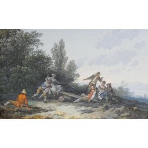 Late 18th Century Gouache Painting Of Figures Playing In A Bucolic Landscape