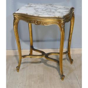 Center Table, Louis XV Style Pedestal Table In Gilt Wood And Marble, Circa 1900