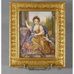 The Girl With Soap Bubbles After Mignard, Miniature Gouache Painting, 19th Century