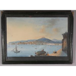 Neapolitan Gouache, Napoli Dal Carmine, View Of The Bay Of Naples, 19th Century