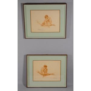 Simone Meunier (1890-1937), Pair Of Sanguine Engravings, Women, Art Deco Pin-up, 1930