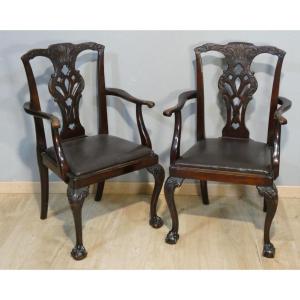 Pair Of English Chippendale Armchairs In Mahogany, Early 20th Century