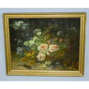 Scattering Flowers By Henri Lefevre, Dated 1882, Still Life Painting, Oil On Canvas, 19th Century