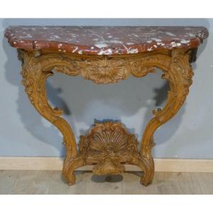 Regency Console In Carved Oak And Royal Red Marble, Early 18th Century