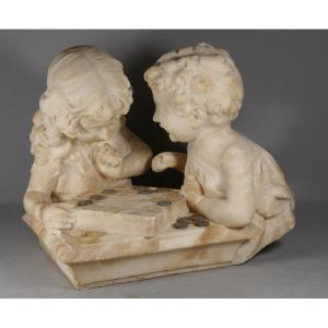 Children Playing Checkers, Alabaster Sculpture, Early 20th Century