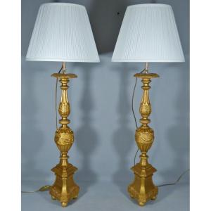 Pair Of Louis XVI Style Giltwood Candlestick Lamps, 18th Century