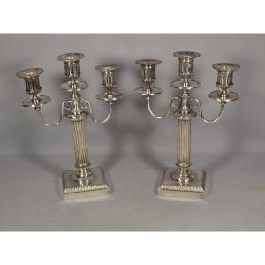 Boulenger Silverware, Pair Of 3-branch Silver-plated Candlesticks, Louis XVI Style