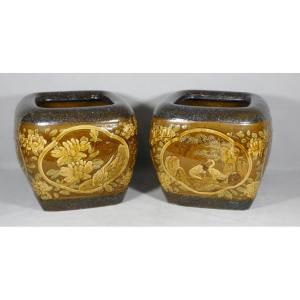 Pair Of Japanese Stoneware Flower And Bird Pot Holders, Early 20th Century