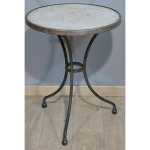 19th Century Garden Pedestal Table In Wrought Iron And Marble