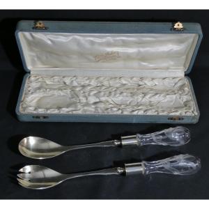 Art Nouveau Engraved Glass And Silver-plated Salad Servers By Victor Saglier