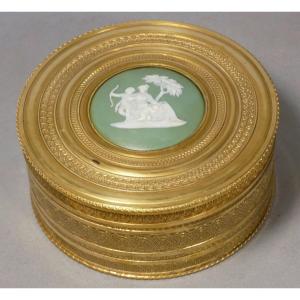 Empire Style Chased Brass And Gilt Jewelry Box, Wedgwood Medallion, 19th Century