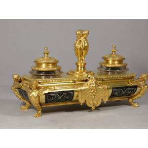 Victor Paillard (1805-1886), Regency-style Double Inkwell In Gilt Bronze And Pewter Marquetry