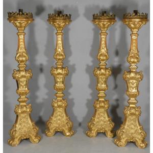 H 85 Cm!! Set Of 4 Large Candle-holders In Carved Gilded Wood, Louis XIV Period, 18th Century
