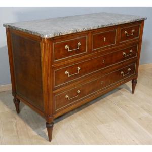Stamped Sotto, Louis XVI Period Chest Of Drawers In Mahogany And Grey Fossil Breccia Marble, 18th Century