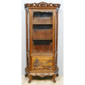 Indochinese Rosewood Display Case, Carved Asian Landscape Décor, Late 19th Century