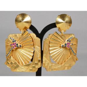 Vintage 1980s Ear Clips, Art Deco Inspired Bird Fan