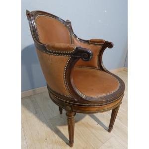 Louis XVI Style Desk Swivel Armchair In Mahogany, Bronze And Leather, Early 20th Century