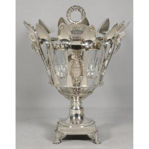 Solid Silver And Crystal Jam Set From The Restoration Period, Early 19th Century