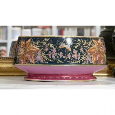 Large Oval Jardiniere Hand Painted Porcelain, Flowers Decor Butterflies, XIX