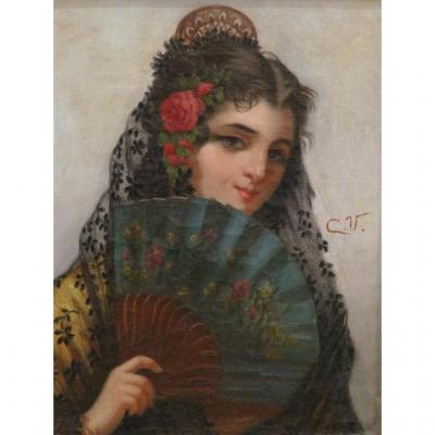 Portrait Of An Andalusian, Sevillian, Mantilla And Fan, Time XIX
