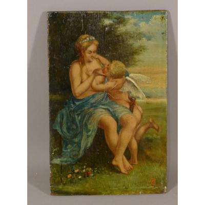 Painting On Wood, Woman And Cherub, Time XIX